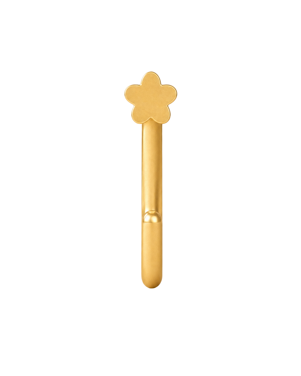 A delicate 14ct solid gold flower huggie hoop with an open design for easier fitting. No twisting or end alignment required — simply guide the smooth end through your fully healed nose or ear piercing and rotate it into position.