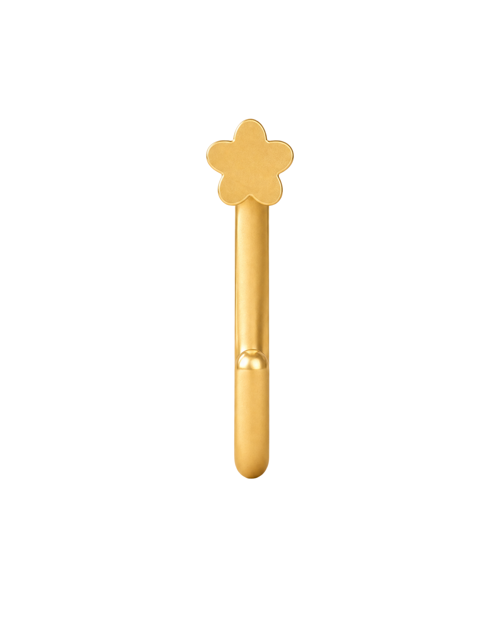 A delicate 14ct solid gold flower huggie hoop with an open design for easier fitting. No twisting or end alignment required — simply guide the smooth end through your fully healed nose or ear piercing and rotate it into position.