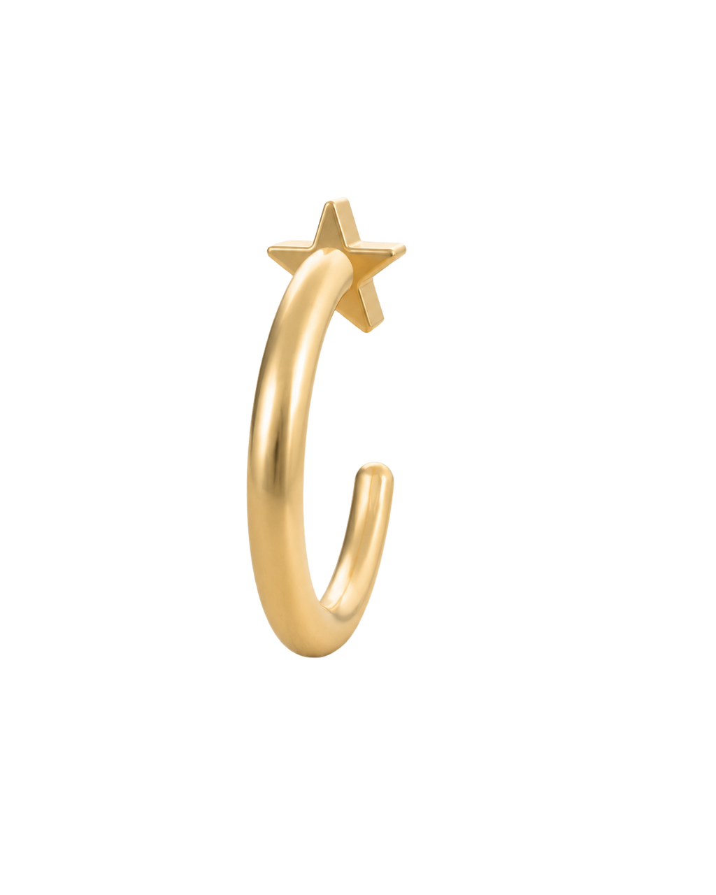 A playful 14ct solid gold star huggie hoop with an open design for easier fitting. No twisting or end alignment required — simply guide the smooth end through your fully healed nose or ear piercing and rotate it into position.