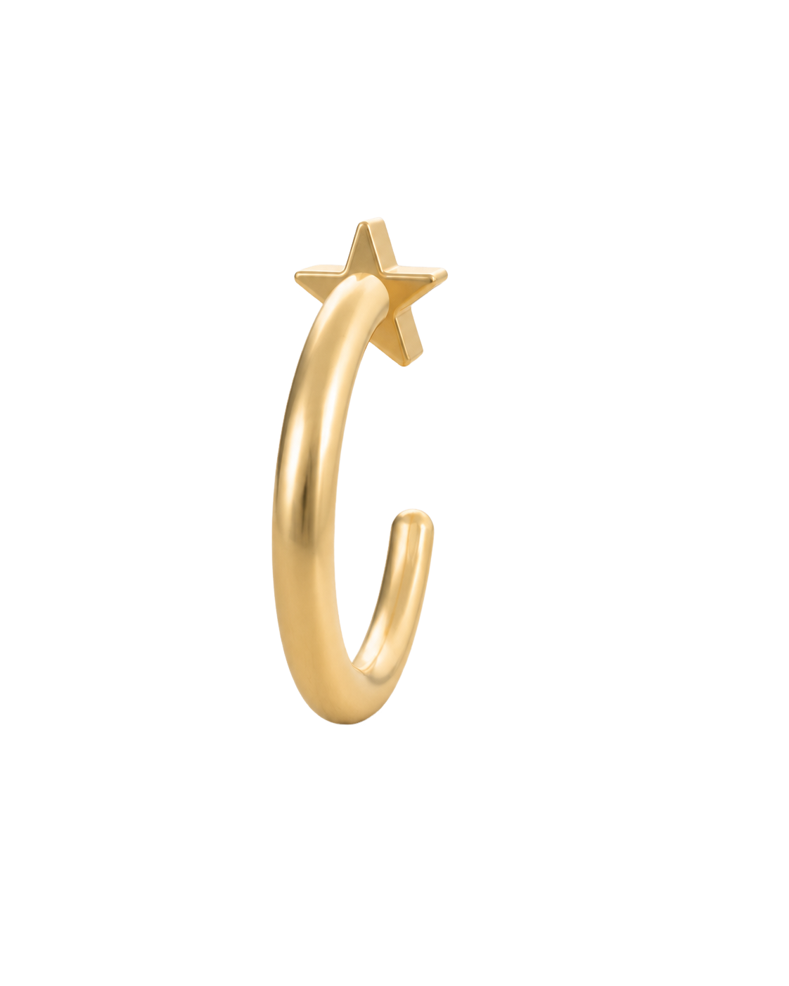 A playful 14ct solid gold star huggie hoop with an open design for easier fitting. No twisting or end alignment required — simply guide the smooth end through your fully healed nose or ear piercing and rotate it into position.
