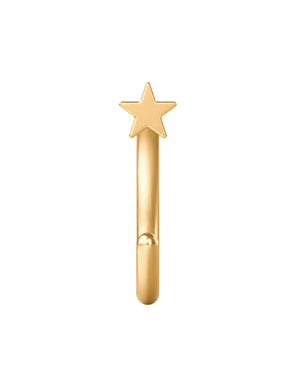 A playful 14ct solid gold star huggie hoop with an open design for easier fitting. No twisting or end alignment required — simply guide the smooth end through your fully healed nose or ear piercing and rotate it into position.