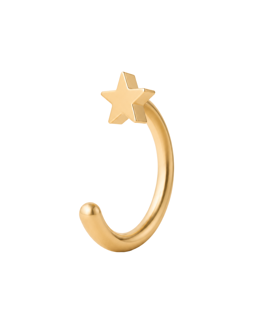 A playful 14ct solid gold star huggie hoop with an open design for easier fitting. No twisting or end alignment required — simply guide the smooth end through your fully healed nose or ear piercing and rotate it into position.