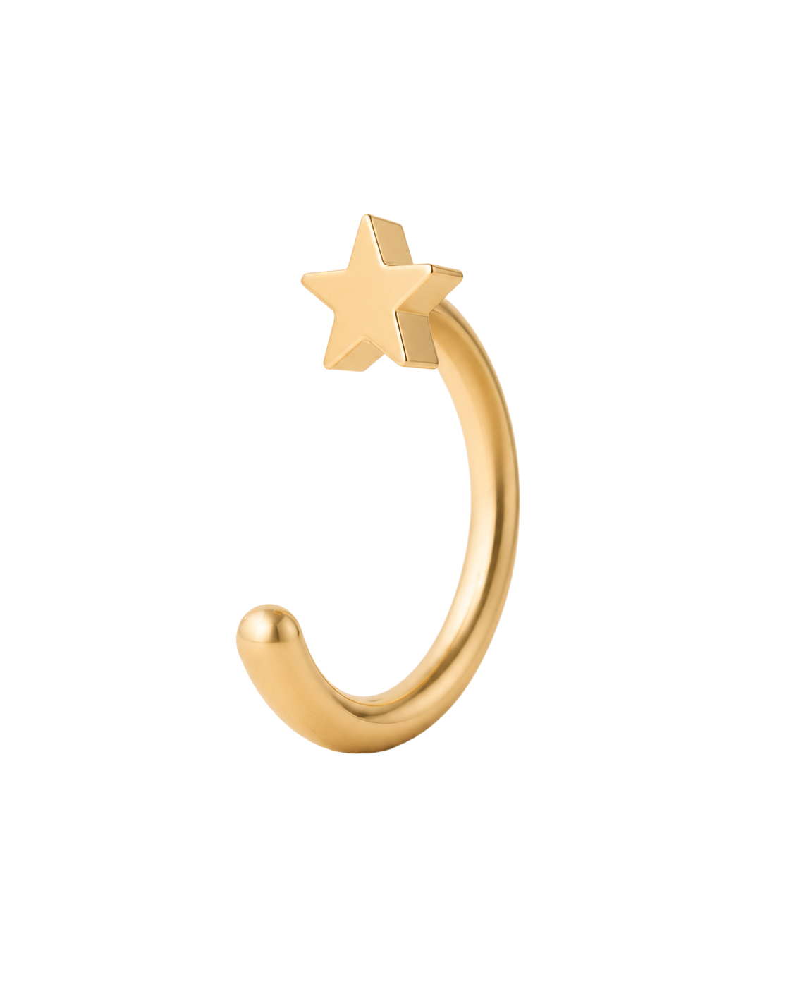A playful 14ct solid gold star huggie hoop with an open design for easier fitting. No twisting or end alignment required — simply guide the smooth end through your fully healed nose or ear piercing and rotate it into position.