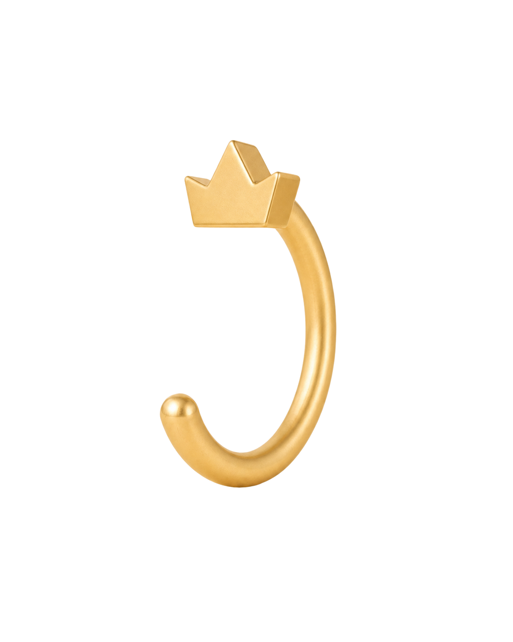 A distinctive 14ct solid gold crown huggie hoop with an open design for easier fitting. No twisting or end alignment required — simply guide the smooth end through your fully healed nose or ear piercing and rotate it into position.