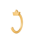 A distinctive 14ct solid gold crown huggie hoop with an open design for easier fitting. No twisting or end alignment required — simply guide the smooth end through your fully healed nose or ear piercing and rotate it into position.