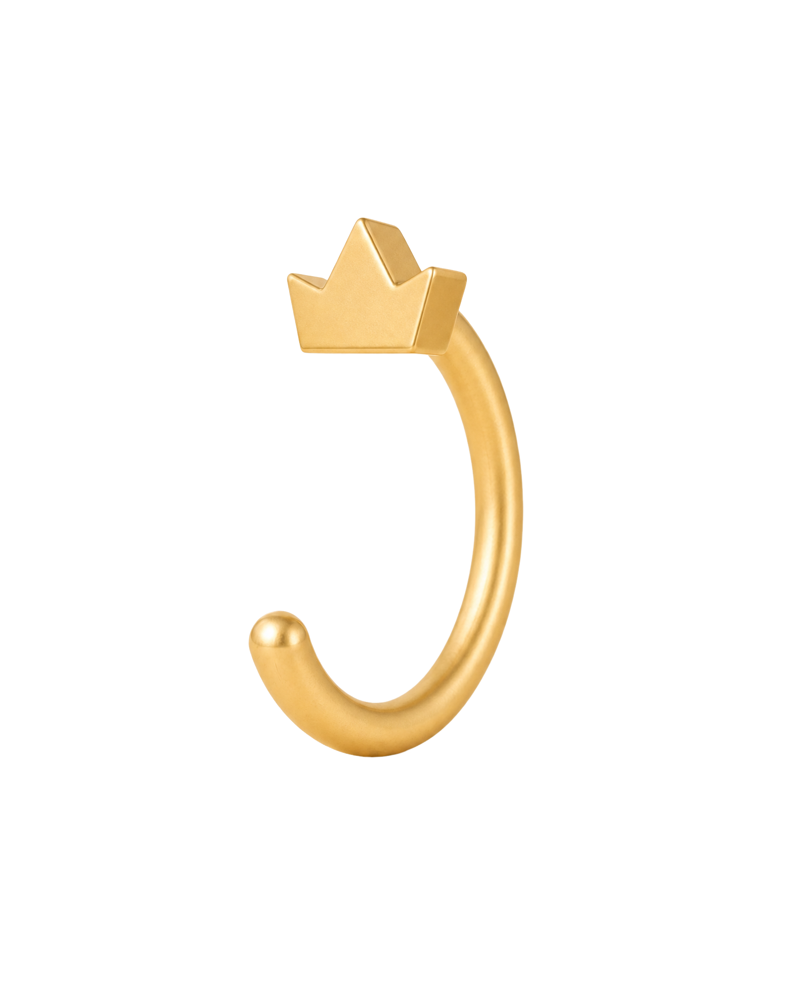 A distinctive 14ct solid gold crown huggie hoop with an open design for easier fitting. No twisting or end alignment required — simply guide the smooth end through your fully healed nose or ear piercing and rotate it into position.