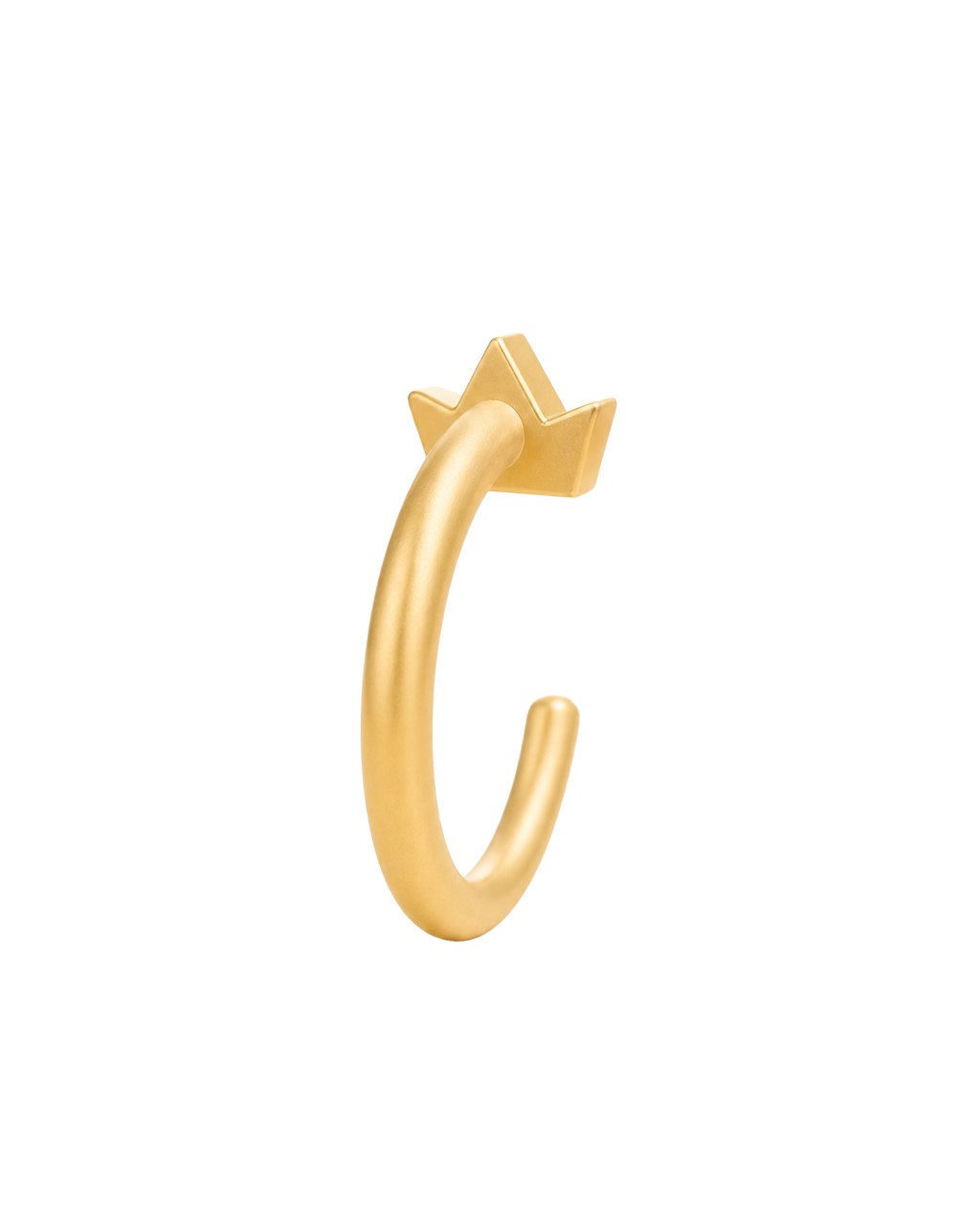 A distinctive 14ct solid gold crown huggie hoop with an open design for easier fitting. No twisting or end alignment required — simply guide the smooth end through your fully healed nose or ear piercing and rotate it into position.