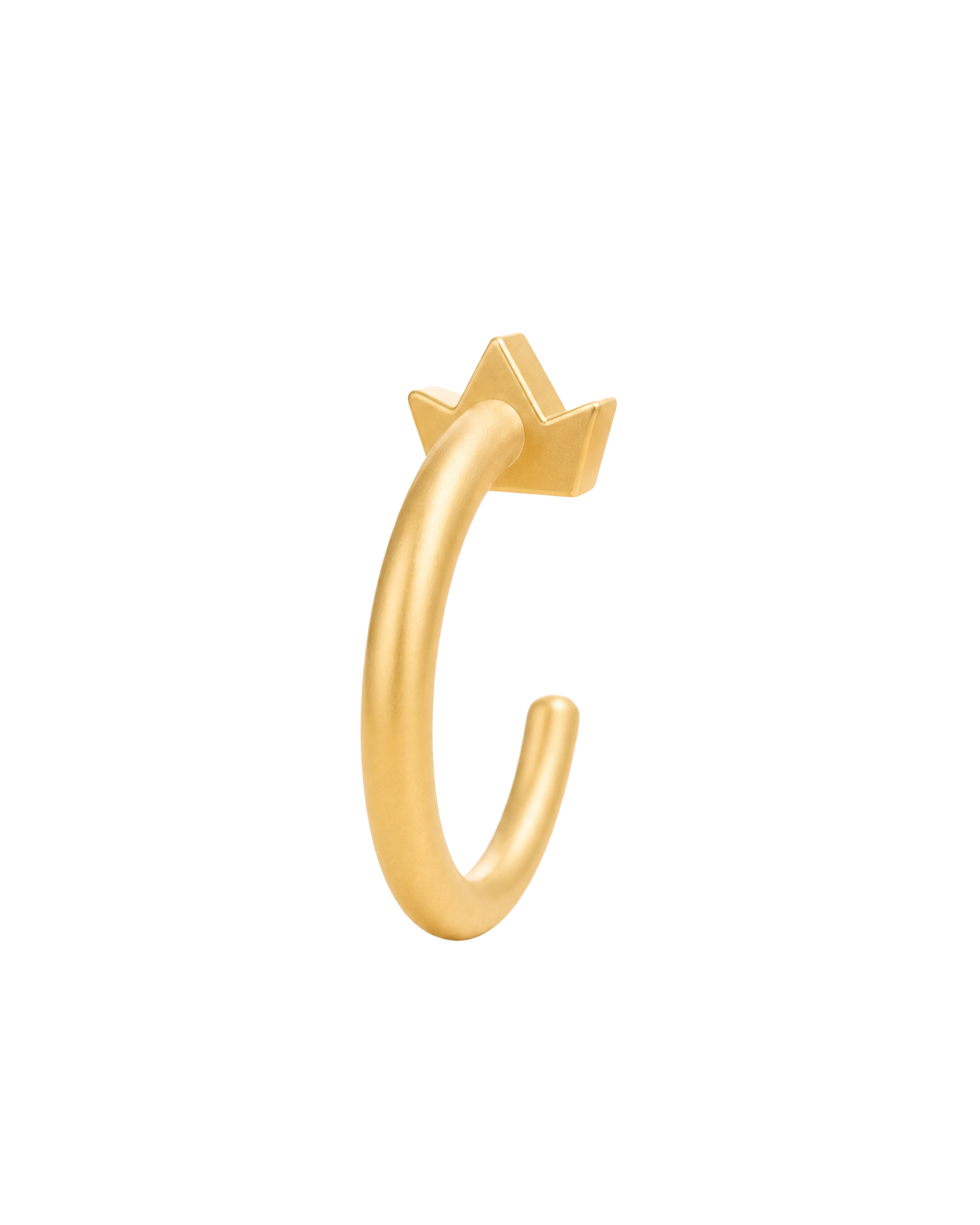 A distinctive 14ct solid gold crown huggie hoop with an open design for easier fitting. No twisting or end alignment required — simply guide the smooth end through your fully healed nose or ear piercing and rotate it into position.