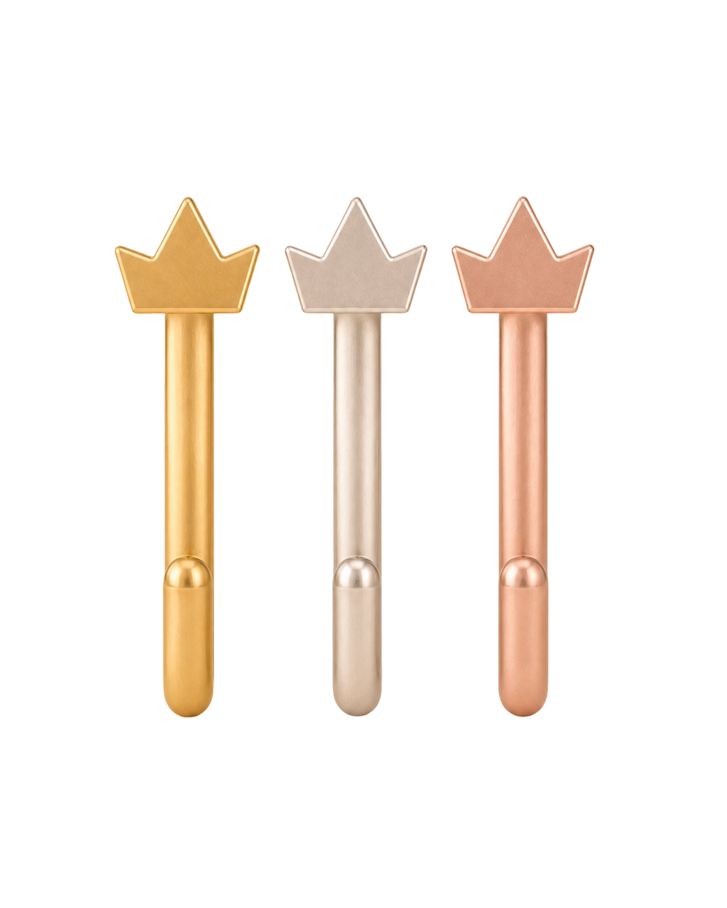 A distinctive 14ct solid gold crown huggie hoop with an open design for easier fitting. No twisting or end alignment required — simply guide the smooth end through your fully healed nose or ear piercing and rotate it into position.