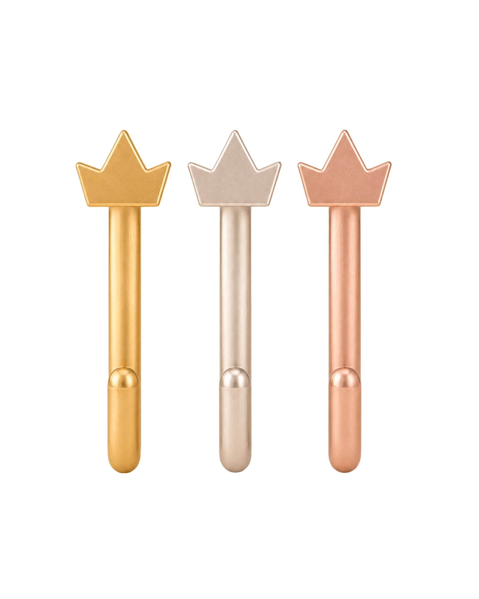 A distinctive 14ct solid gold crown huggie hoop with an open design for easier fitting. No twisting or end alignment required — simply guide the smooth end through your fully healed nose or ear piercing and rotate it into position.