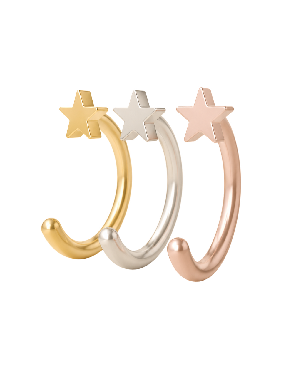 A playful 14ct solid gold star huggie hoop with an open design for easier fitting. No twisting or end alignment required — simply guide the smooth end through your fully healed nose or ear piercing and rotate it into position.