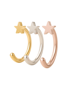 A playful 14ct solid gold star huggie hoop with an open design for easier fitting. No twisting or end alignment required — simply guide the smooth end through your fully healed nose or ear piercing and rotate it into position.