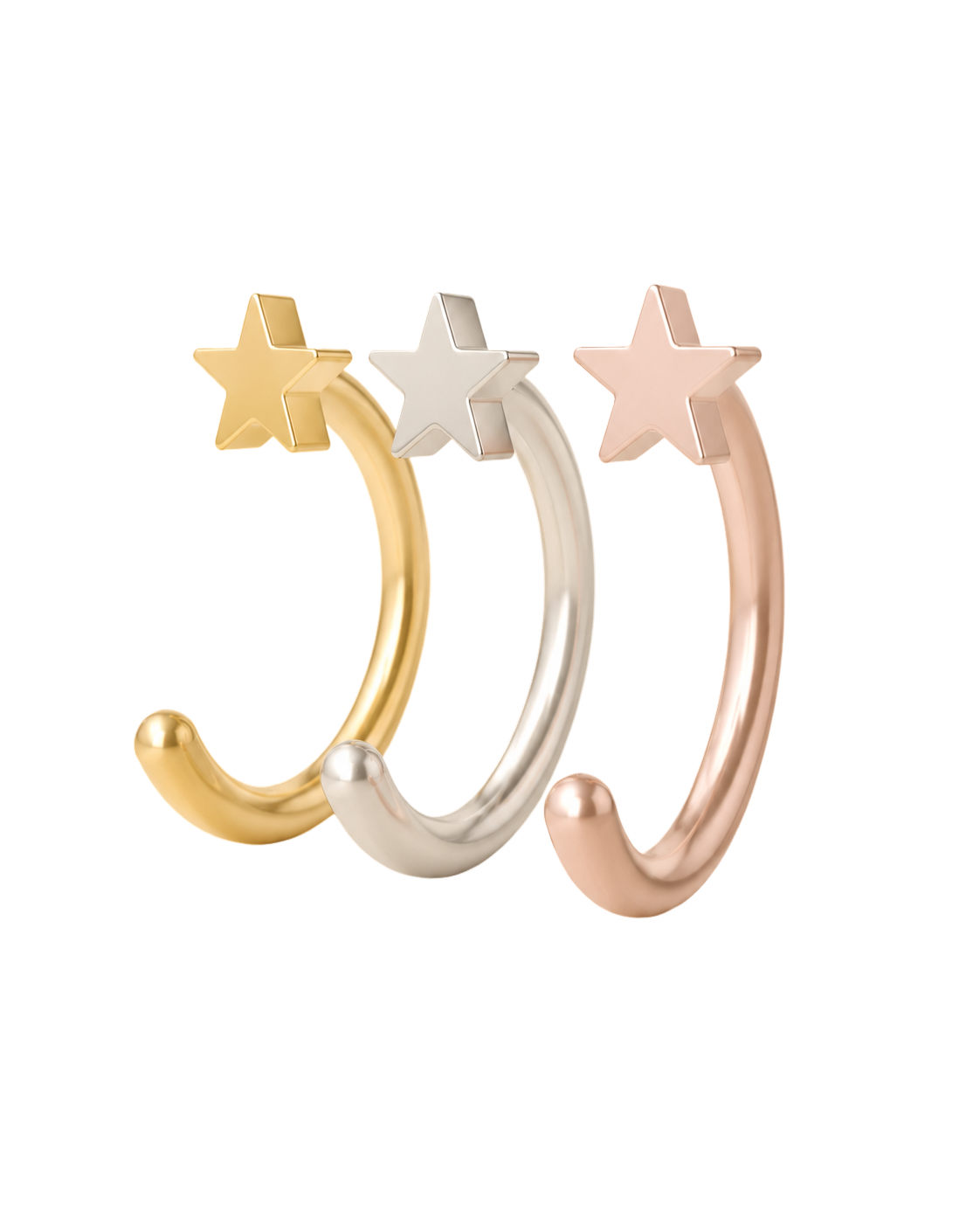 A playful 14ct solid gold star huggie hoop with an open design for easier fitting. No twisting or end alignment required — simply guide the smooth end through your fully healed nose or ear piercing and rotate it into position.