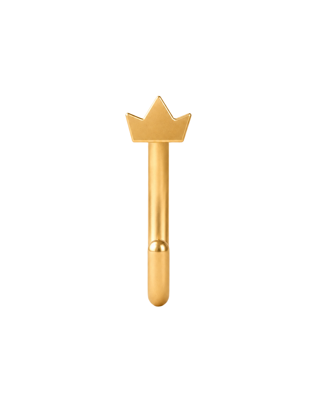 A distinctive 14ct solid gold crown huggie hoop with an open design for easier fitting. No twisting or end alignment required — simply guide the smooth end through your fully healed nose or ear piercing and rotate it into position.