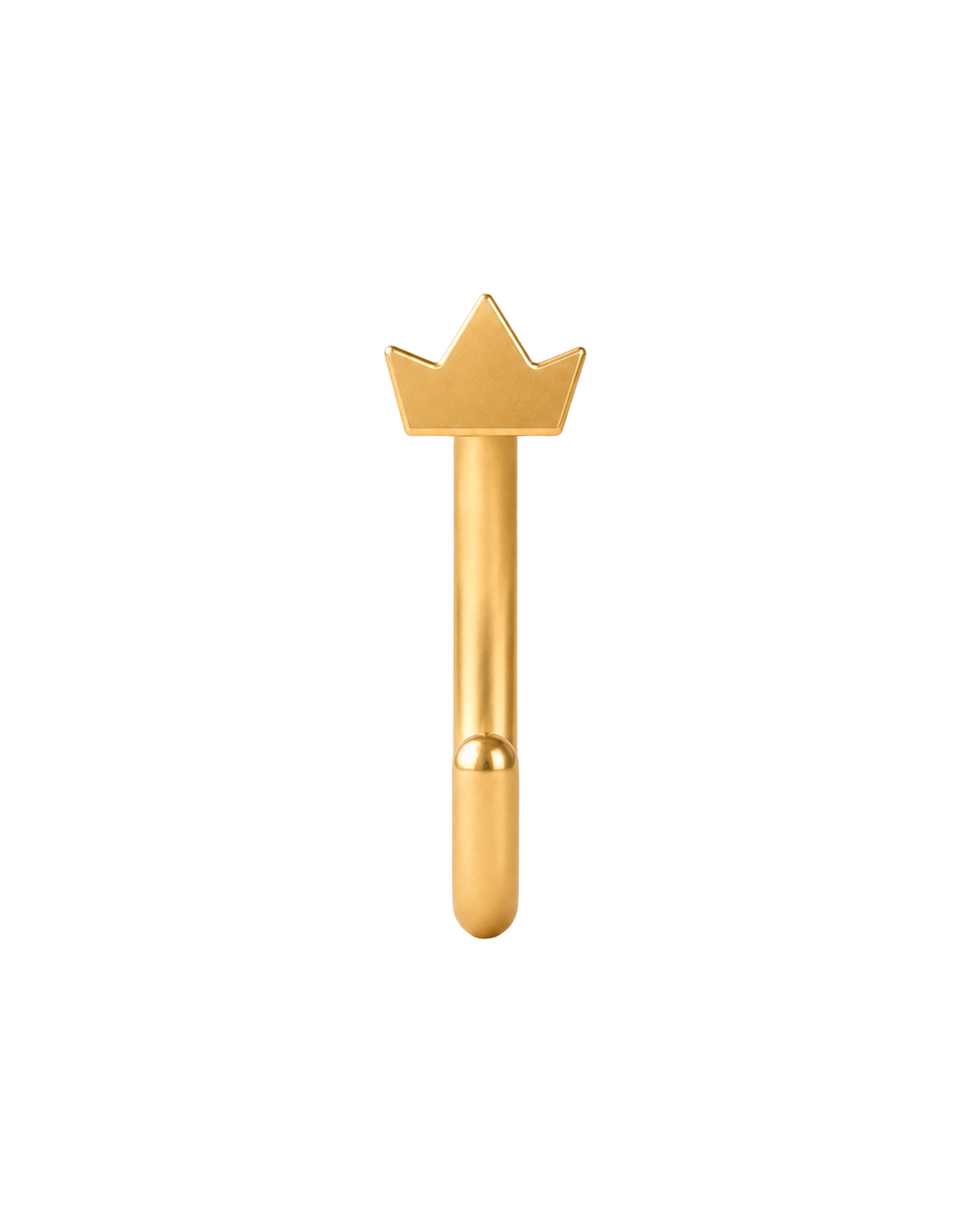 A distinctive 14ct solid gold crown huggie hoop with an open design for easier fitting. No twisting or end alignment required — simply guide the smooth end through your fully healed nose or ear piercing and rotate it into position.