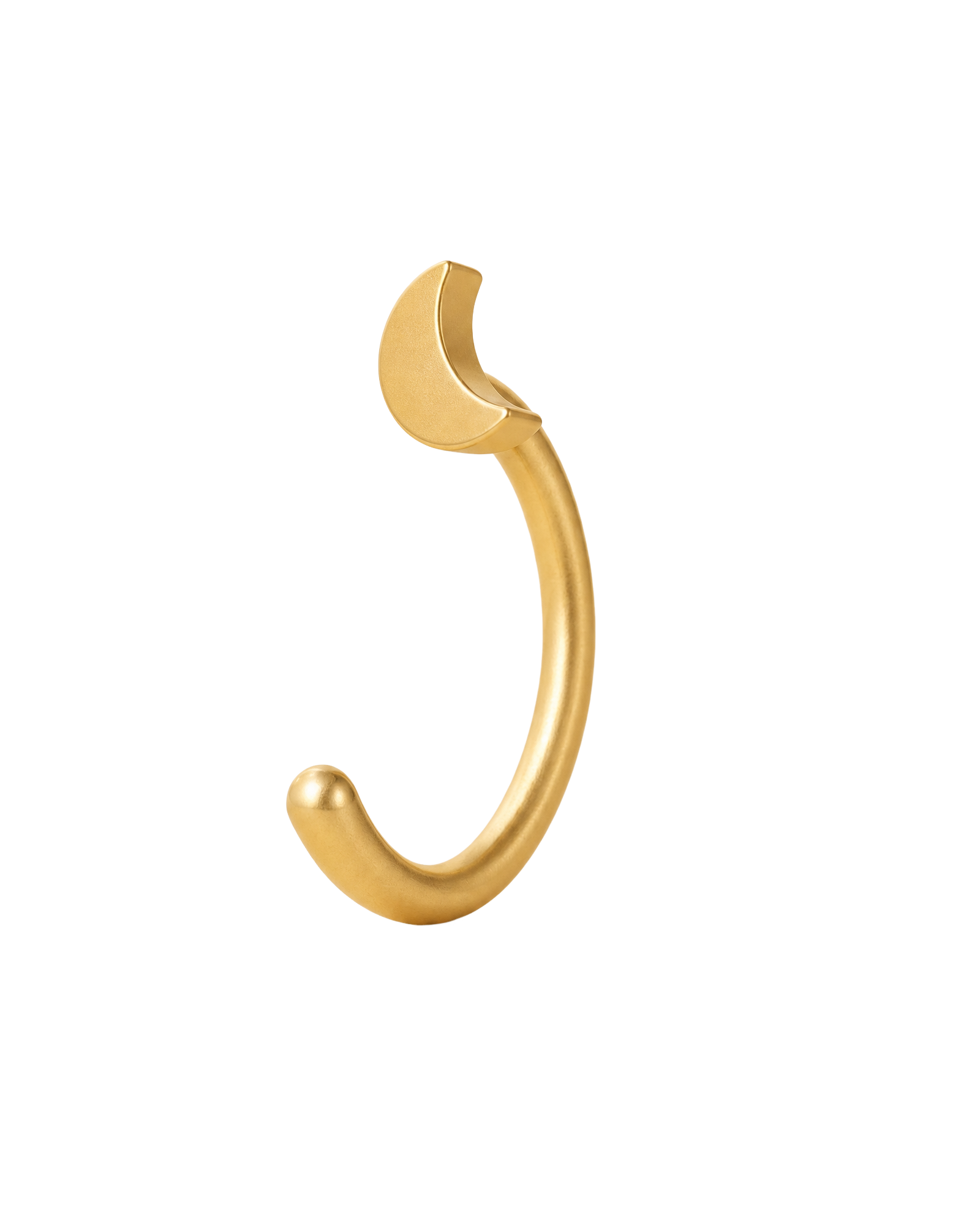 A celestial 14ct solid gold crescent moon huggie hoop with an open design for easier fitting. No twisting or end alignment required — simply guide the smooth end through your fully healed nose or ear piercing and rotate it into position. 