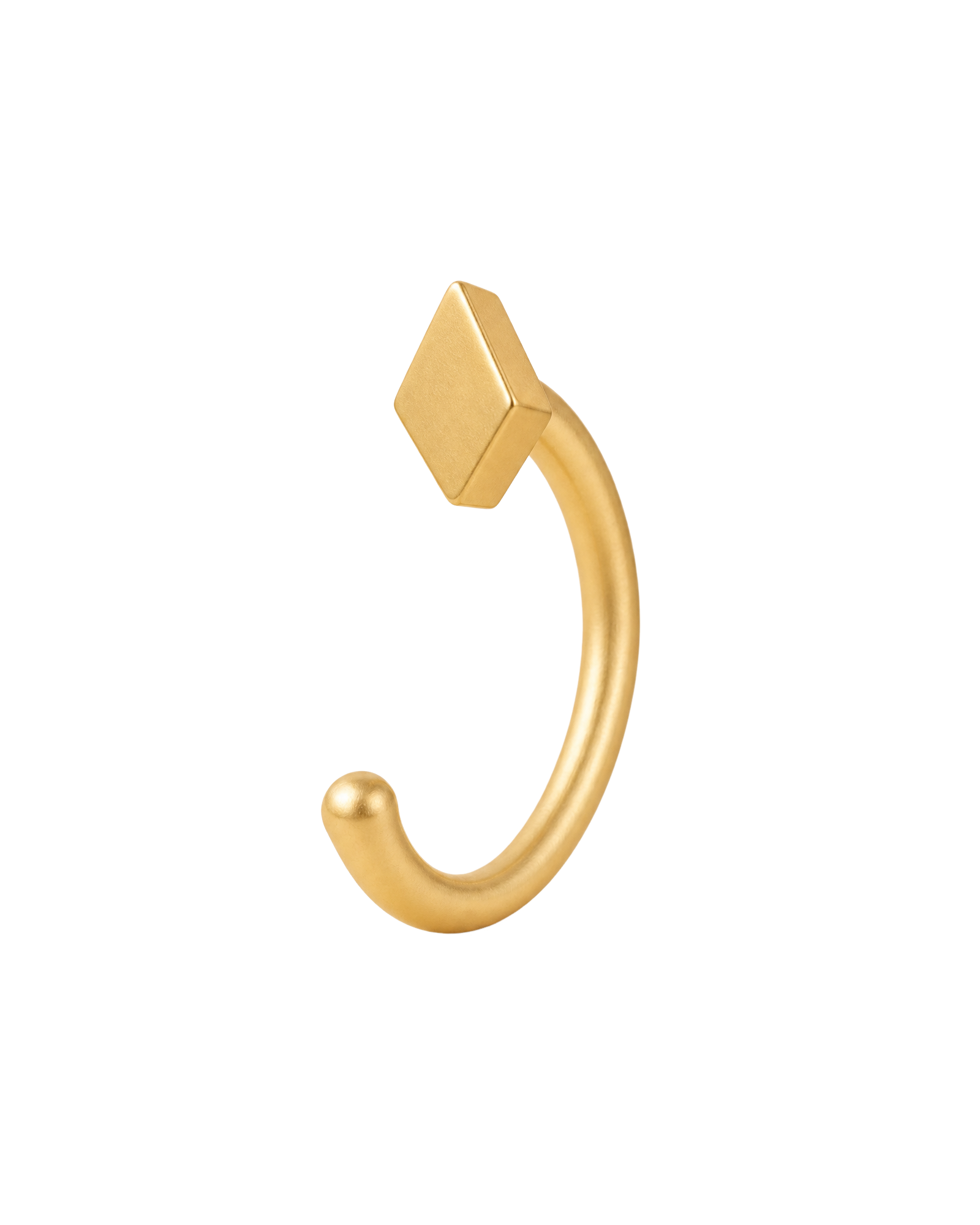 A geometric 14ct solid gold Diamond Shape Huggie Hoop with four clean edges and a softly dimensional finish. Available in 18G or 20G, 6–10mm, in three gold colours.