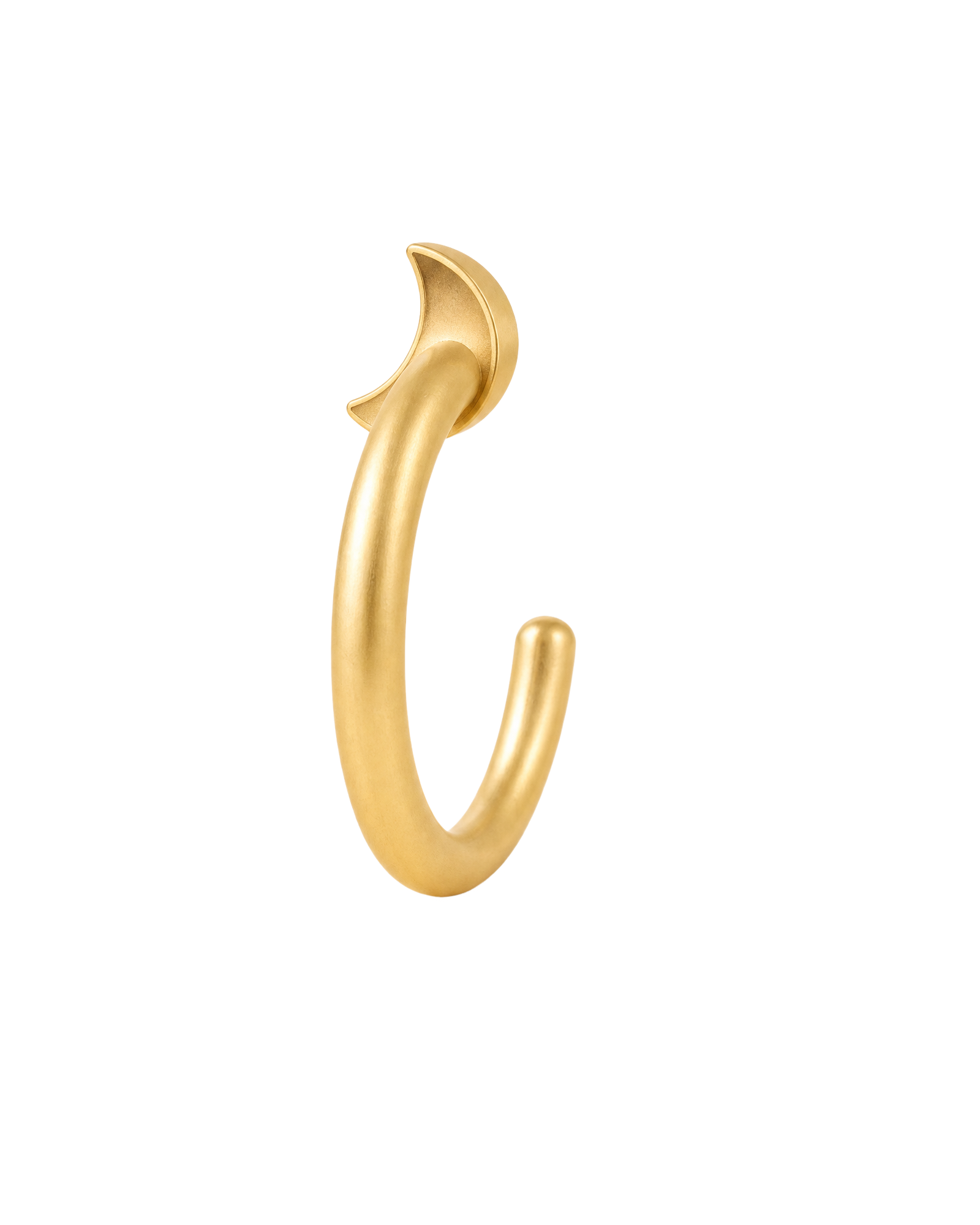 A celestial 14ct solid gold crescent moon huggie hoop with an open design for easier fitting. No twisting or end alignment required — simply guide the smooth end through your fully healed nose or ear piercing and rotate it into position.