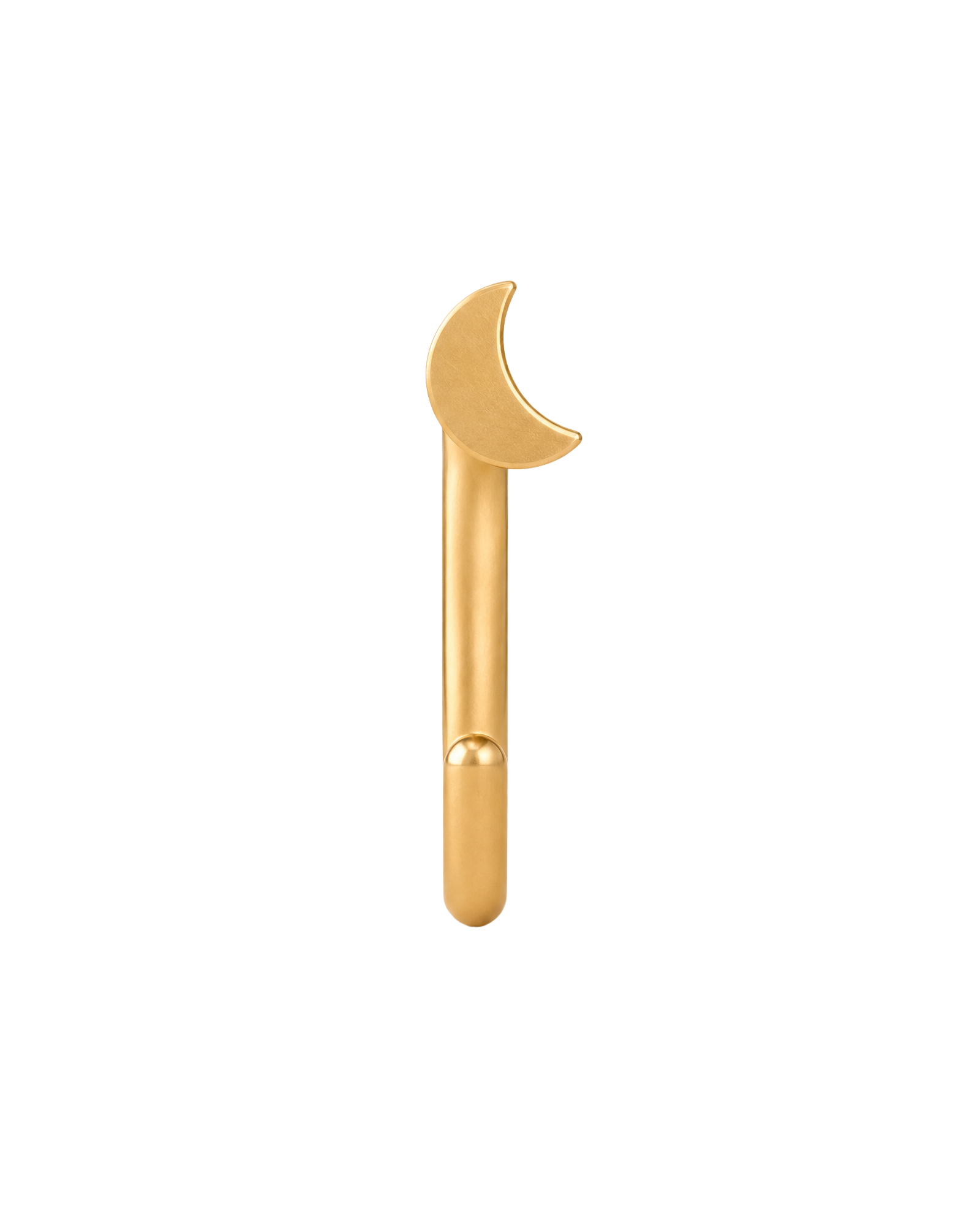 A celestial 14ct solid gold crescent moon huggie hoop with an open design for easier fitting. No twisting or end alignment required — simply guide the smooth end through your fully healed nose or ear piercing and rotate it into position.