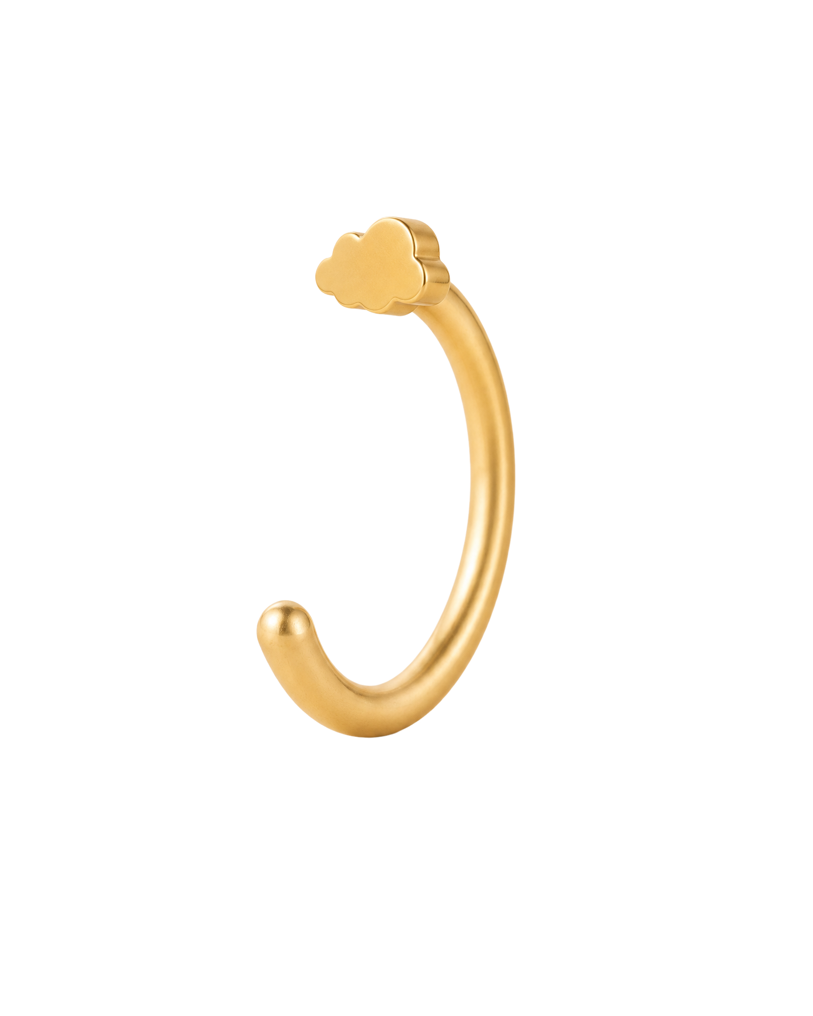 A playful 14ct solid gold cloud huggie hoop with an open design for easier fitting. No twisting or end alignment required — simply guide the smooth end through your fully healed nose or ear piercing and rotate it into position.