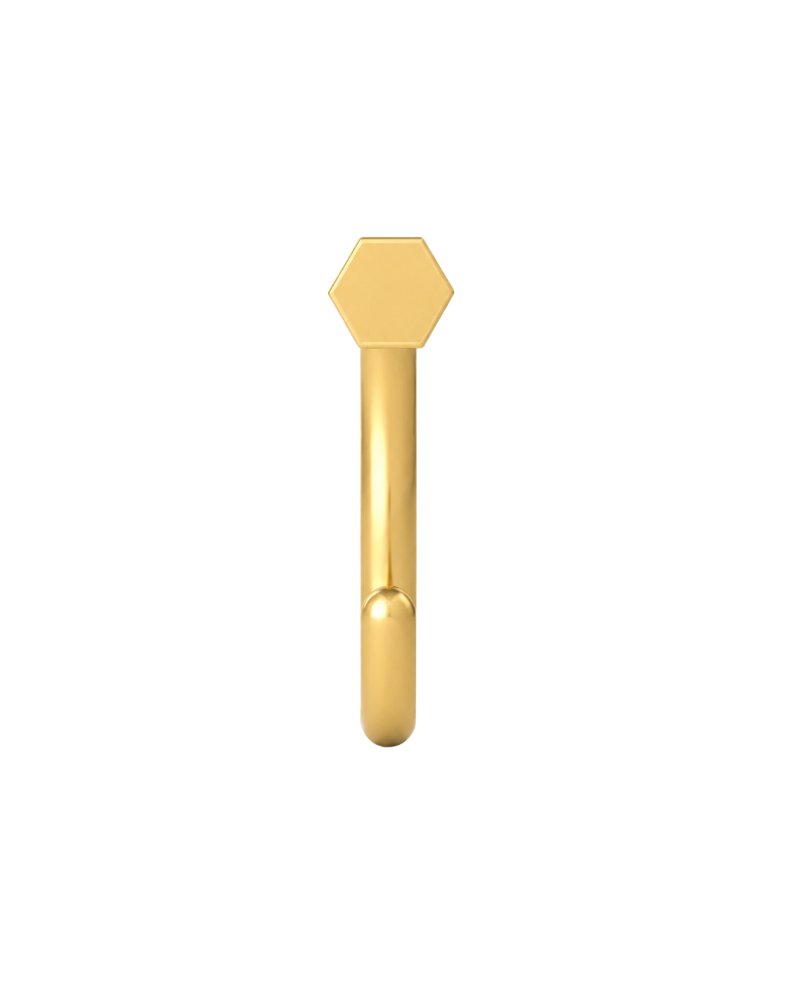 A geometric 14ct solid gold Hexagon Huggie Hoop with six clean sides and a softly dimensional finish. Available in 18G or 20G, 6–10mm, in three gold colours.