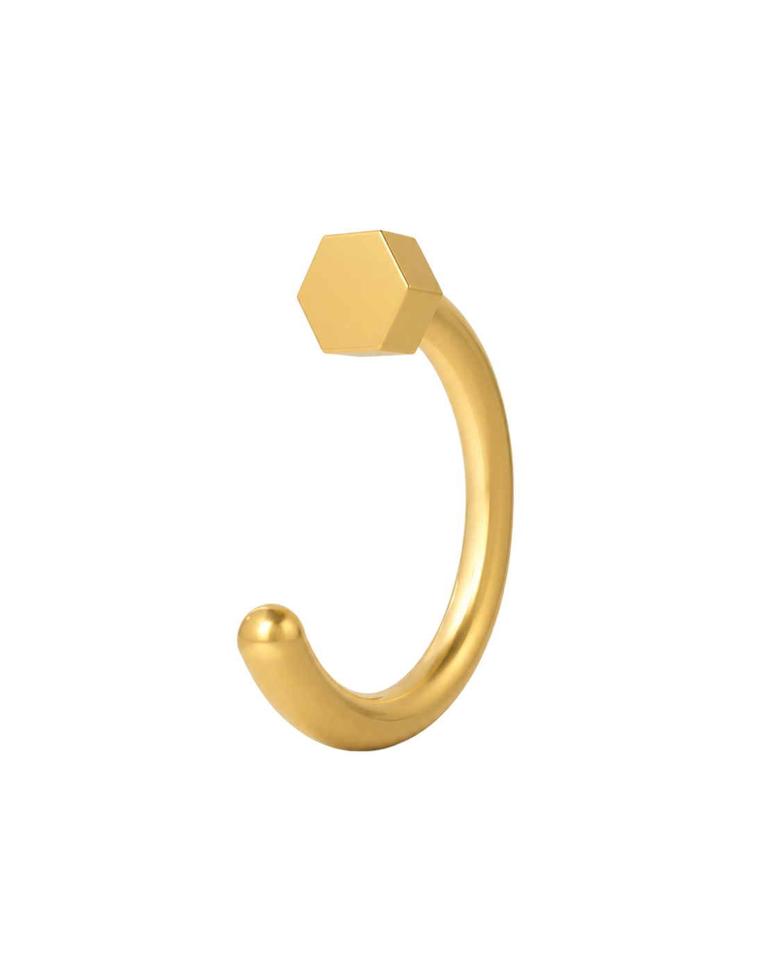 A geometric 14ct solid gold Hexagon Huggie Hoop with six clean sides and a softly dimensional finish. Available in 18G or 20G, 6–10mm, in three gold colours.