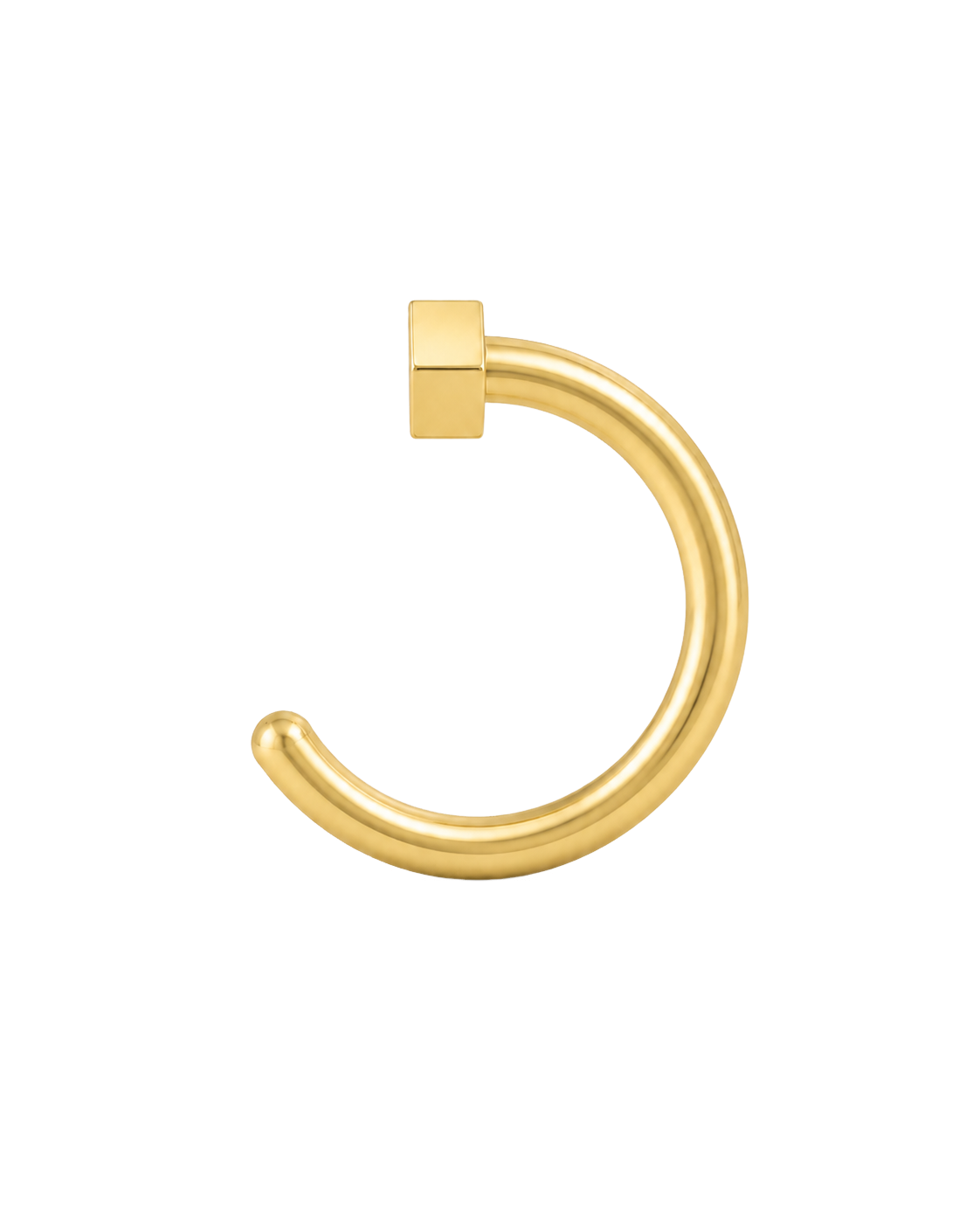 A geometric 14ct solid gold Hexagon Huggie Hoop with six clean sides and a softly dimensional finish. Available in 18G or 20G, 6–10mm, in three gold colours.