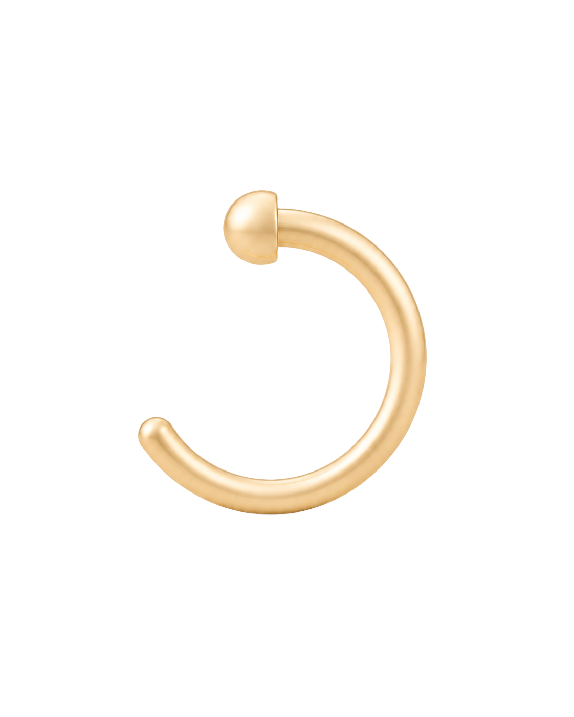A minimal 14ct solid gold Ball Huggie Hoop with a smooth, rounded shape and a polished dimensional finish. Available in 18G or 20G, 6–10mm, in three gold colours.